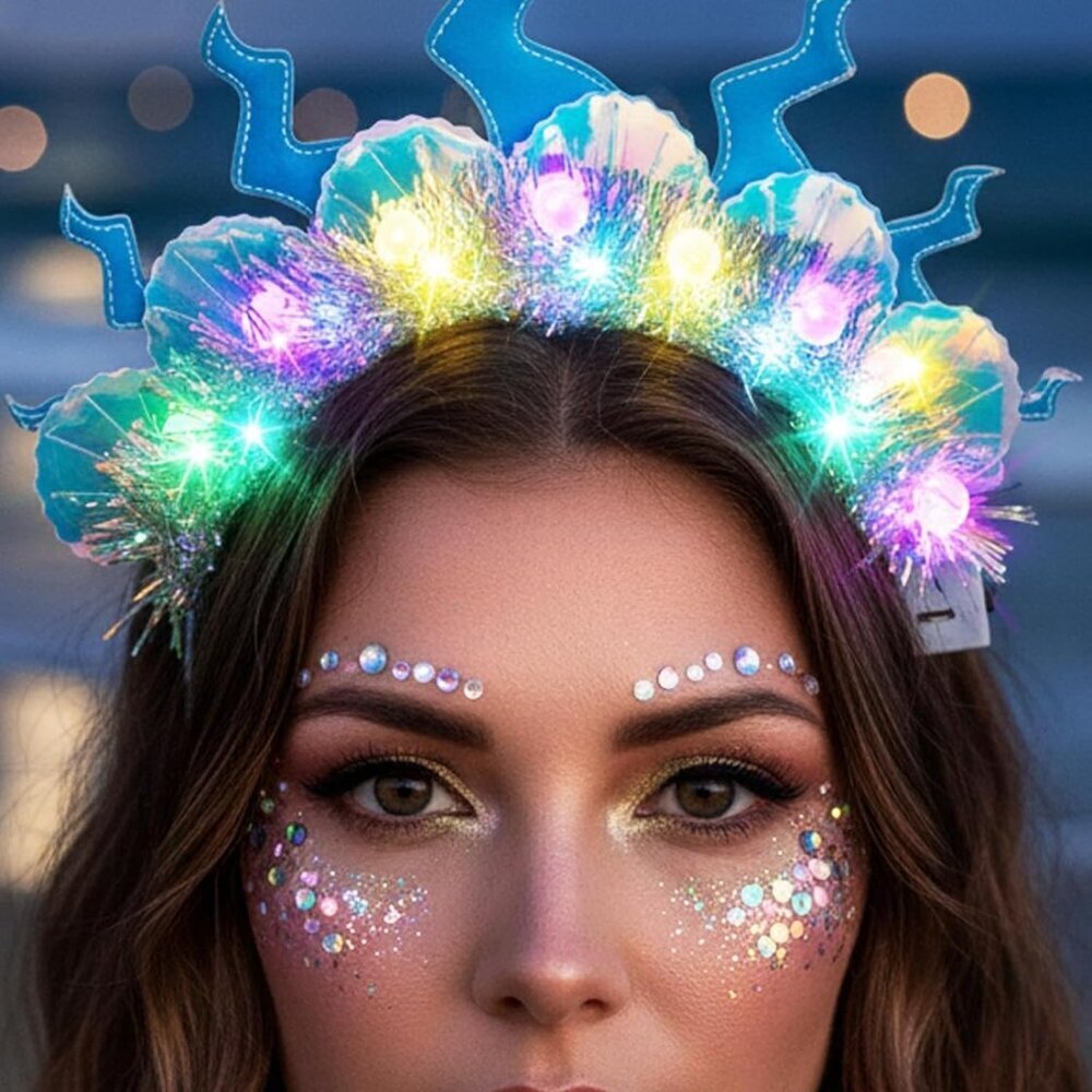 Light Up Mermaid Headband Shell Pearl LED Crown Beach Party Costume Accessory